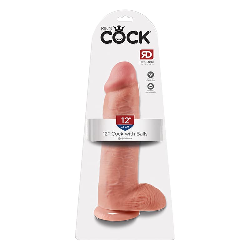 King Cock 12 in. Cock With Balls Realistic Suction Cup Dildo Beige