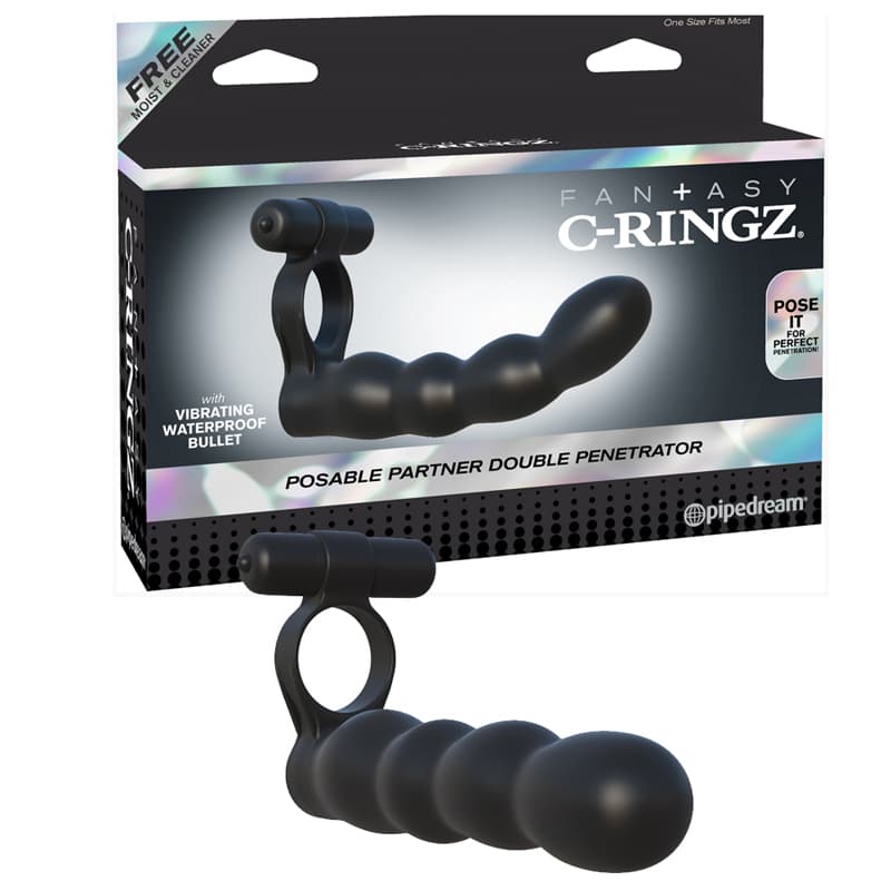Fantasy C-Ringz Posable Partner Double Penetrator Vibrating Cockring Black