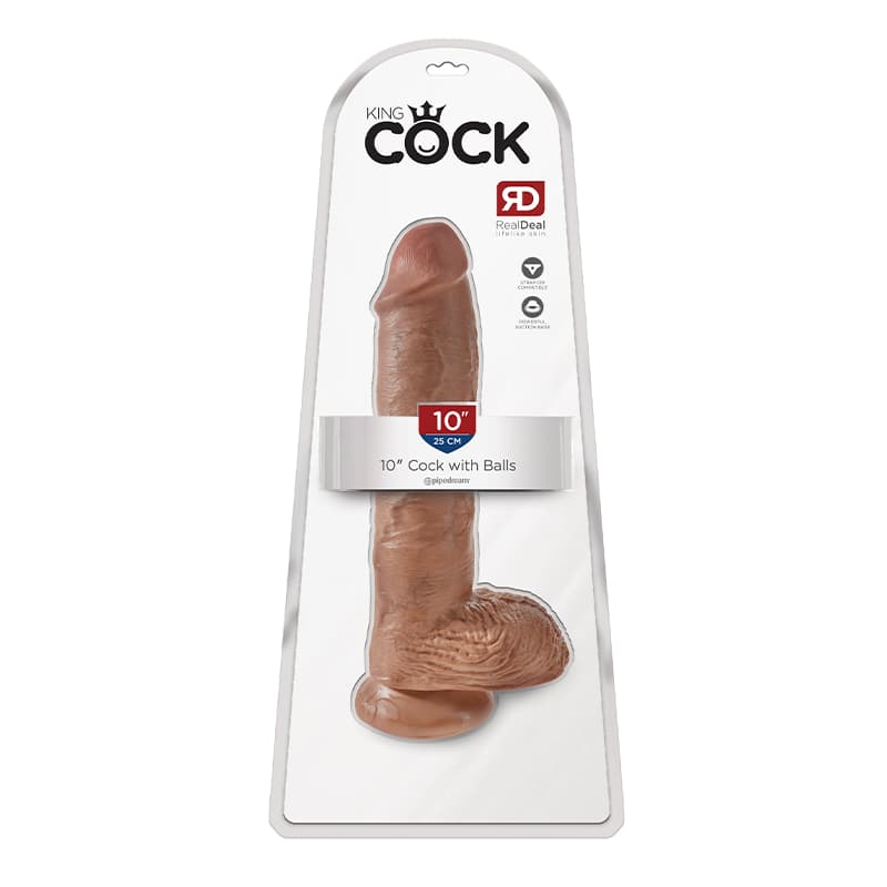 King Cock 10 in. Cock With Balls Realistic Suction Cup Dildo Tan