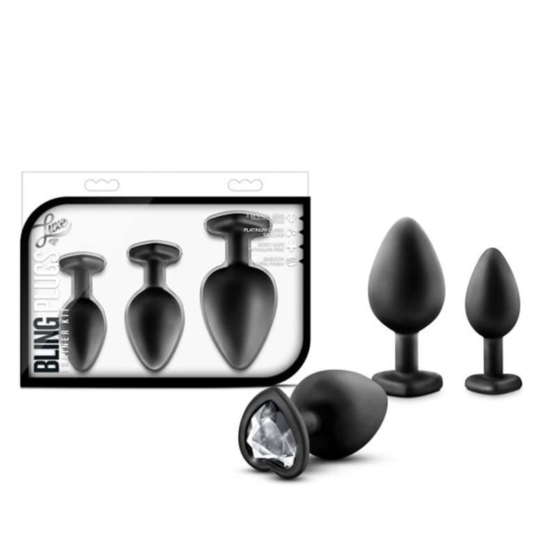 Luxe 3-Piece Bling Plug Training Kit with White Gem Base Black