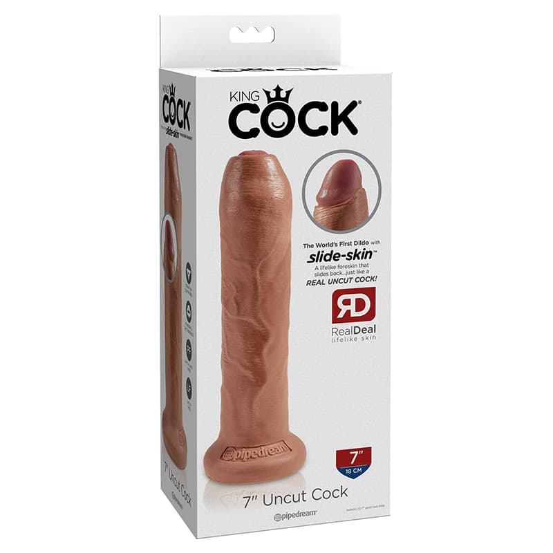 King Cock 7 in. Uncut Cock Realistic Dildo With Moveable Foreskin & Suction Cup Tan