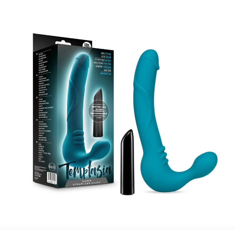 Temptasia Luna 9 in. Silicone Strapless Strap-On Dildo with Rechargeable Bullet Vibrator Teal