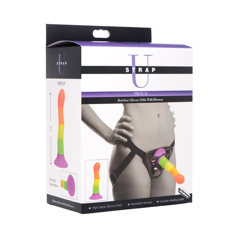 Strap U Proud Rainbow Silicone Dildo with Harness