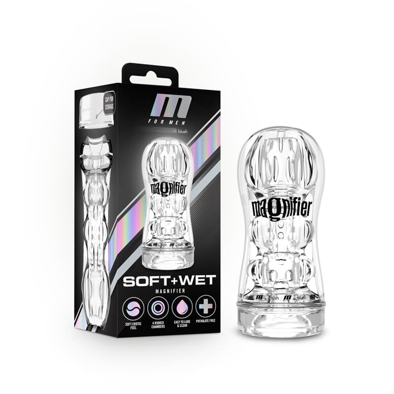 M for Men Soft + Wet Magnifier Self-Lubricating See-Through Stroker Clear