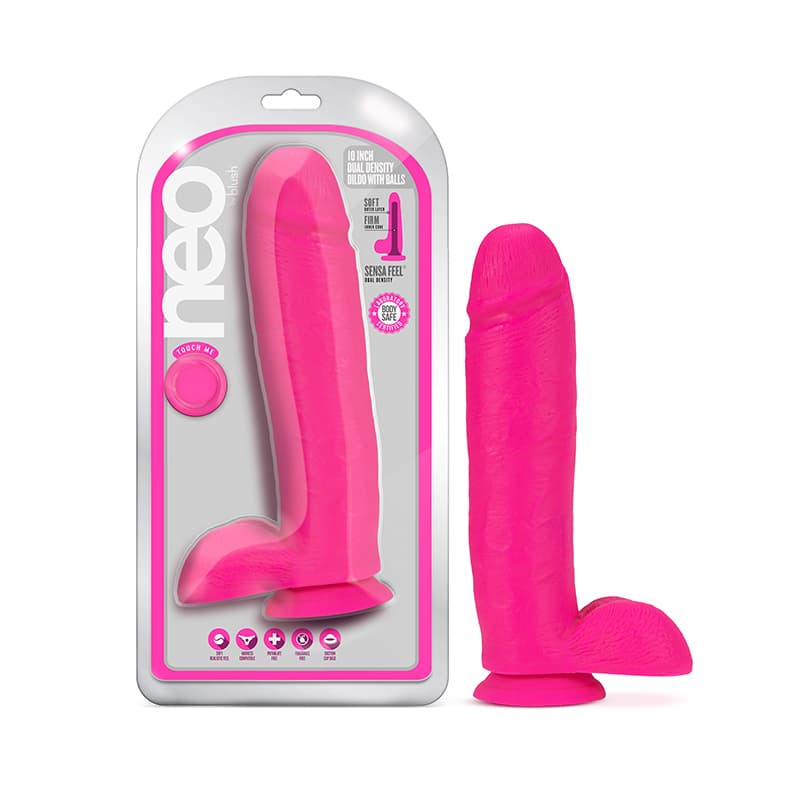Neo 10 in. Dual Density Dildo with Balls Neon Pink