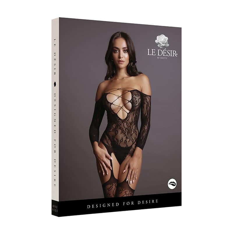 Le Desir Deep-V Criss-Cross Bodystocking Black O/S