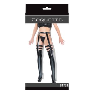 Coquette Thigh-High Wetlook Stockings with Garters Black Queen Size Boxed